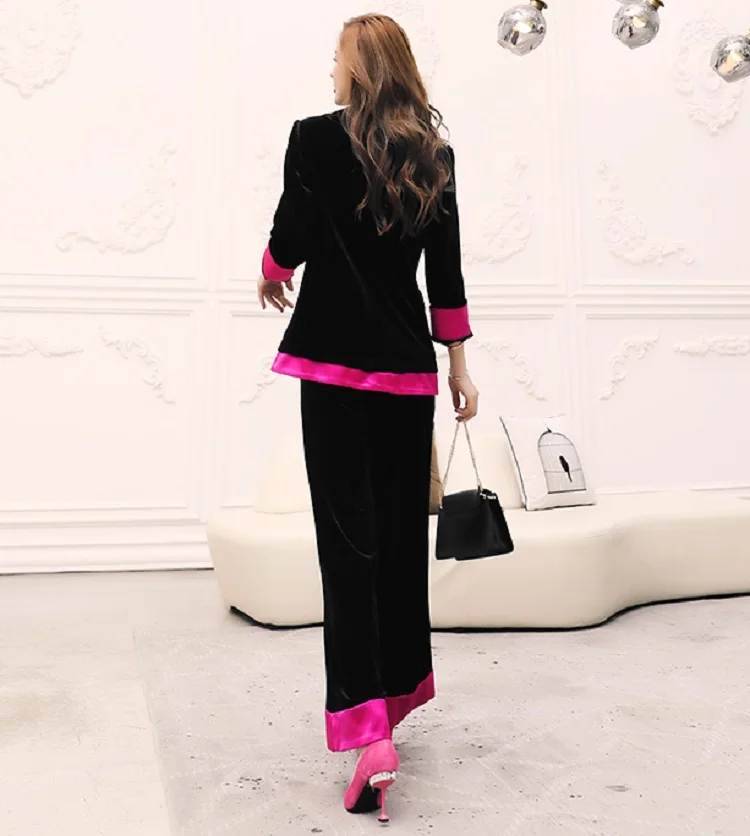 

Quality Brand High New Blazer Sets 2021 Fall Winter Women Color Block Patchwork Long Sleeve Blazer Jackets+Long Velvet Pant Set