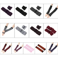 women girls knitted fingerless long gloves stripes printed over elbow length winter stretchy arm warmer sleeves with thumb hole