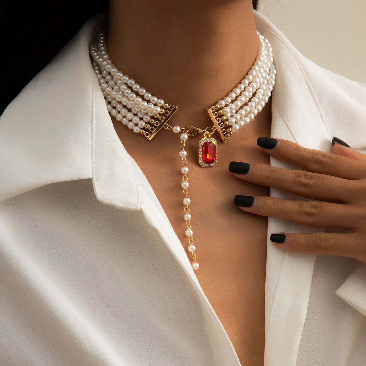 

Fashion Multi Row Imitation Pearl Choker Necklace Red Color Rhinestone Crystal Pendant Necklaces for Women's Neck Chain Jewelry