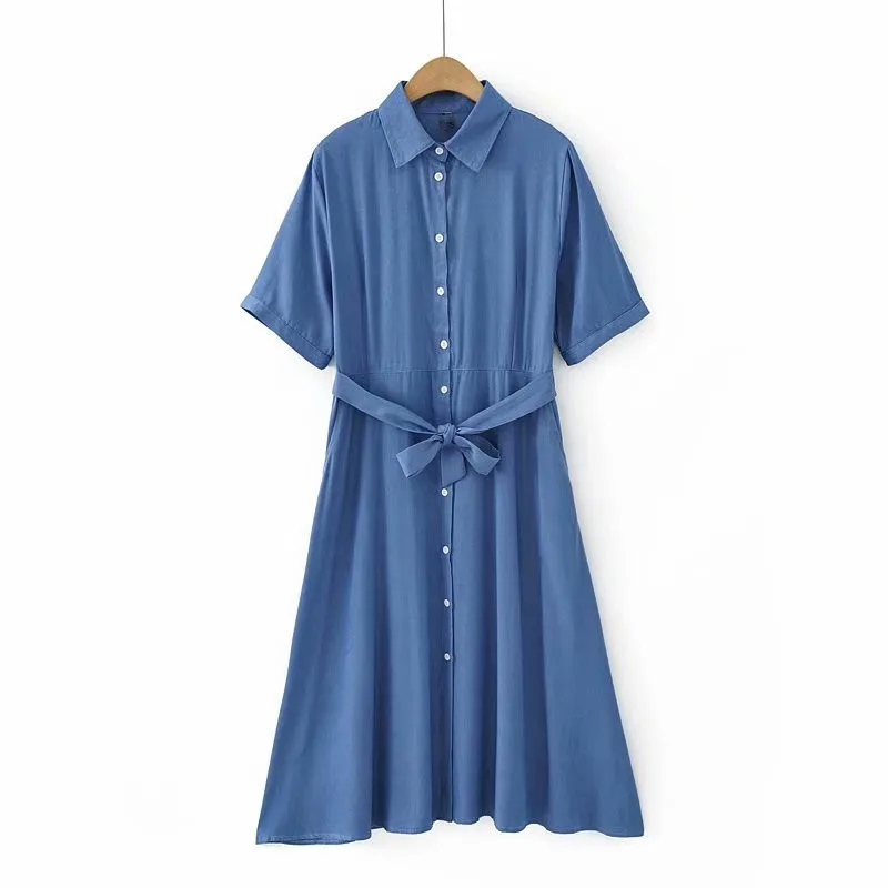 

Plus Size Dresses For Women In Summer Cotton Blended Fabric Fashion Short Sleeves Dress With Belt Large Size For Fatwomen Wear