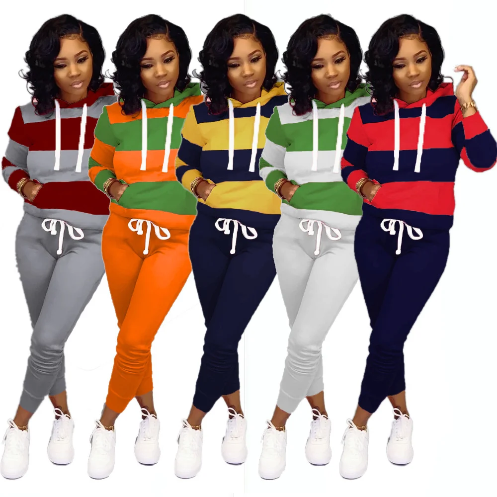 

Zoctuo Striped Tracksuit Women Hooded Sweatshirts +Pants Suit 2 Piece Joggers Set Fitnes Outfit Casual Matching Set Plus Size