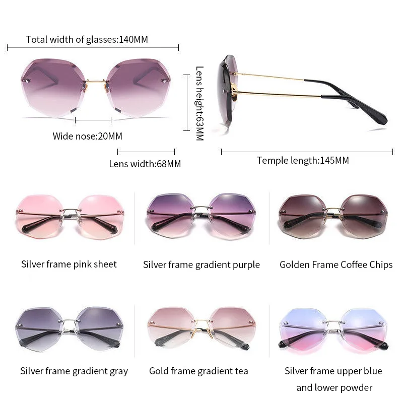 

2021 Fashion Tea Gradient Sunglasses Women Ocean Water Cut Trimmed Lens Metal Curved Temples Sun Glasses Female UV400