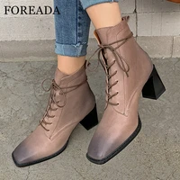 foreada high heel woman boots real leather ankle boots lace up block heel short boots square toe female shoes autumn black gray