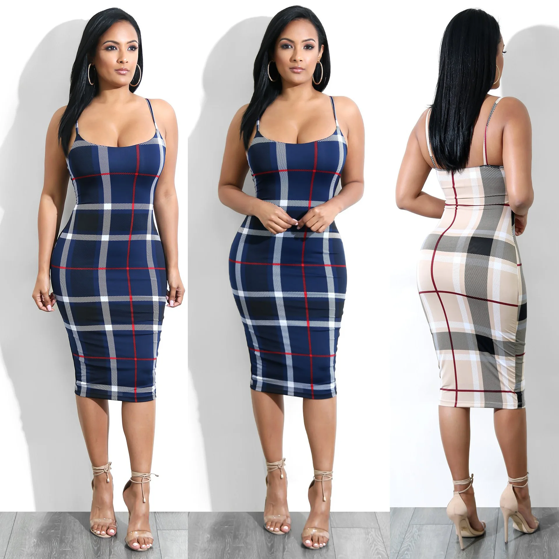 

Plaid Sheath beach Dress Women Spring Summer Backless Slim Sexy Bodycon Elastic Bandage Party Dresses casual Vestidos robe femme