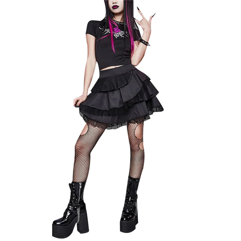 

Black Gothic Women Mesh Splice Short Skirt Punk Style Irregular Hem High Waist Mini Skirt for Daliy Wear/Party