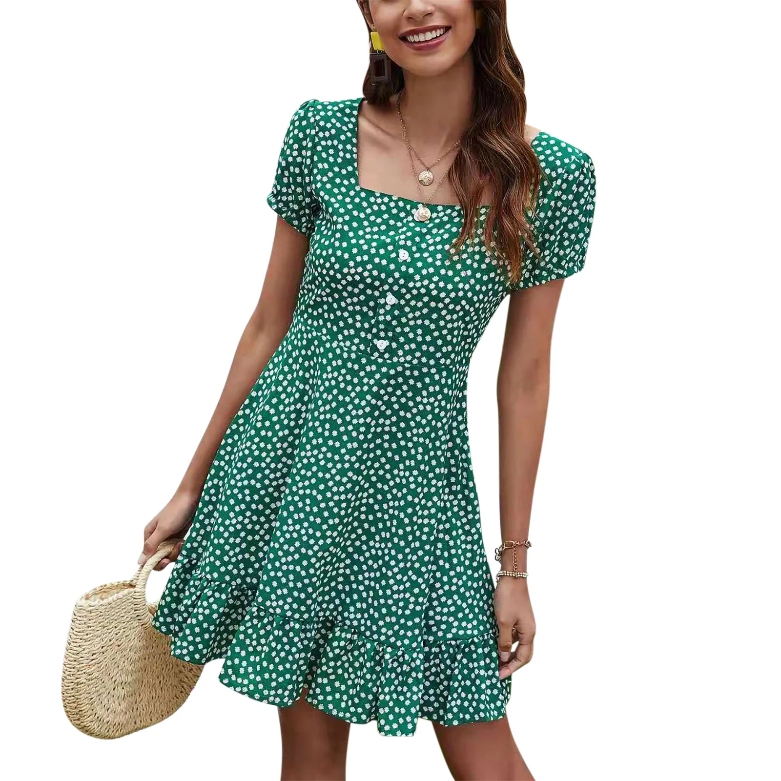 

Laides Summer New Fashion Floral Dress, Adults Daisy Print Short Sleeve Square Collar Button One-piece