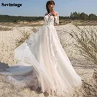 Богемные кружевные свадебные платья с длинным рукавом, 2021, аппликация, Пляжное свадебное платье, телесное Тюлевое женское платье невесты