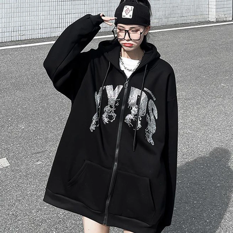 

Punk rhinestone zip women jacket vintage grunge pullover hip hop winter oversize hoodie y2k couple cotton warm female sweatshirt