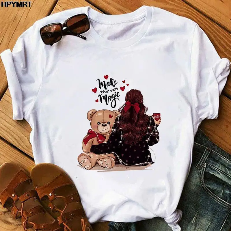 

T Shirt for Women 90s Bear and Beauty Printing Lady Short Sleeve T-shirts Top Womens Harajuku Graphics Ladies Female Tee T-Shirt