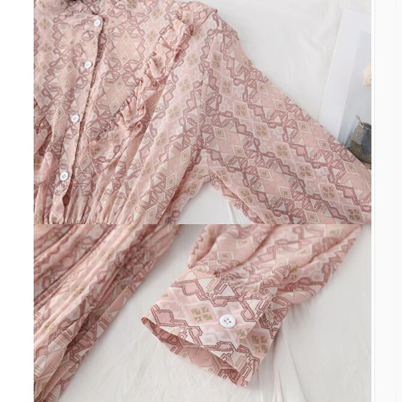 

Spring Summer Women Sweet Pleated Dress Elastic Waist Long Sleeve Floral Print Chiffon Dress Fashion Casual Mid-calf Dresses