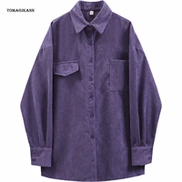 purple women blouse solid pockets button up corduroy shirt tops 2021 vintage casual turn down collar long sleeve female blusas