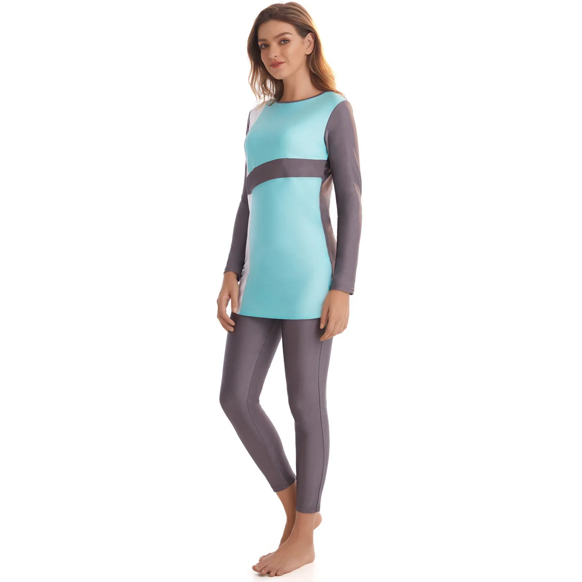 WEPBEL Clothing Set Women Swimsuits Patchwork Muslim Swimsuit Swimming Long-Sleeved Color Matching Swim Clothes Set 2pcs