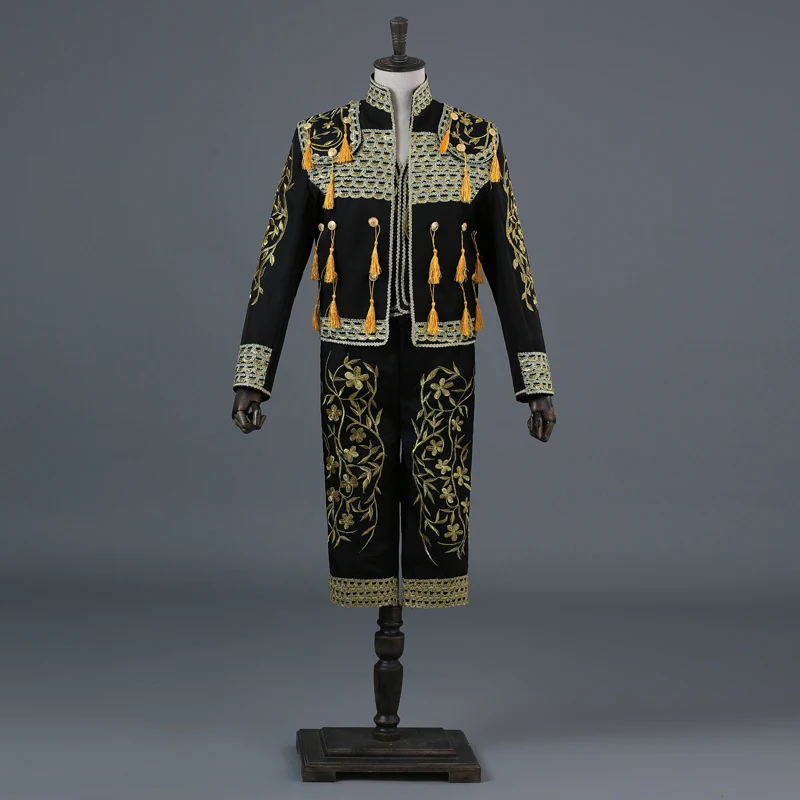 Fashion men's court suit Spanish bullfighting suit high collar Chinese style 3 piece stage singer costume(suit coat+Pants+Vest - Цвет: as picture