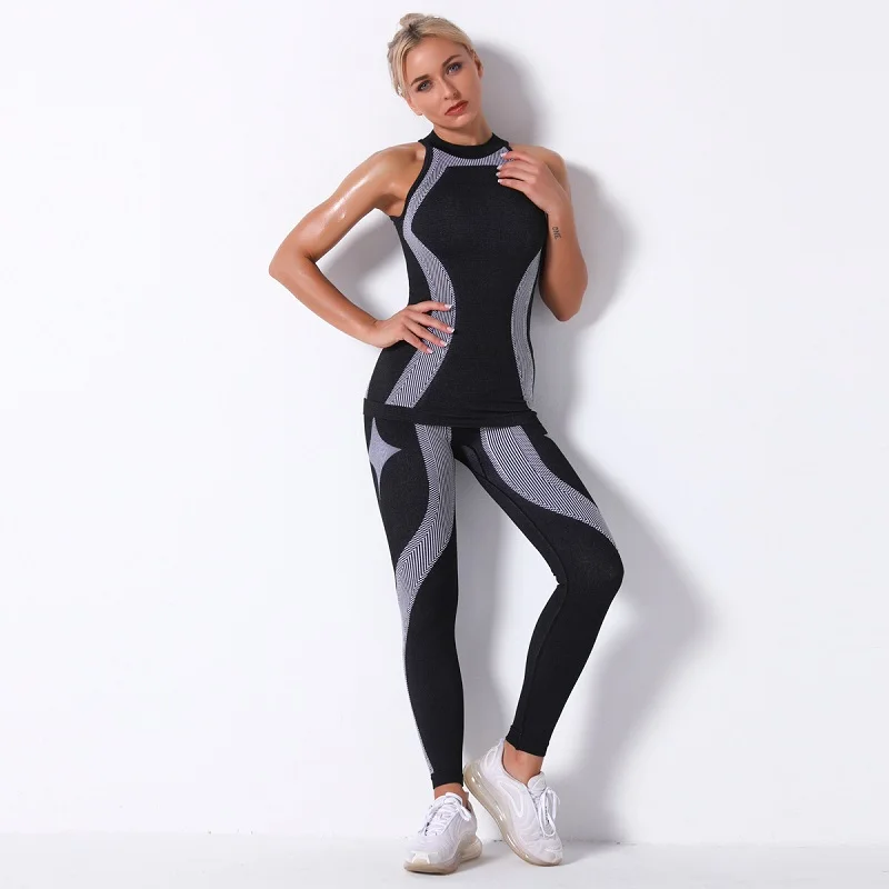 

2PCS Women's Sportswear Seamless Yoga Set Running Clothes Athletic Wear Gym Legging Fitness Tank Top T-shirt Striped Sport Suit