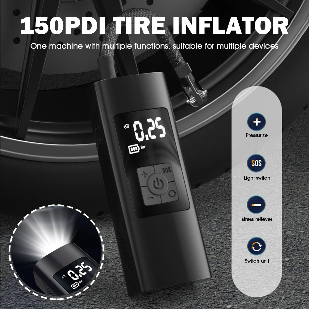 

Portable Air Compressor Electric Tire Inflator Air Pump 150PSI Rechargeable Digital Display LED Light for Car Motorcycle Ball