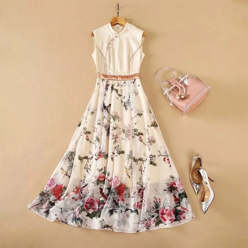 Top Quality Brand Chinese Qipao Dress 2021 Summer Women Vintage Ink Painting Floral Print Sleeveless Elegant Long Maxi Dress