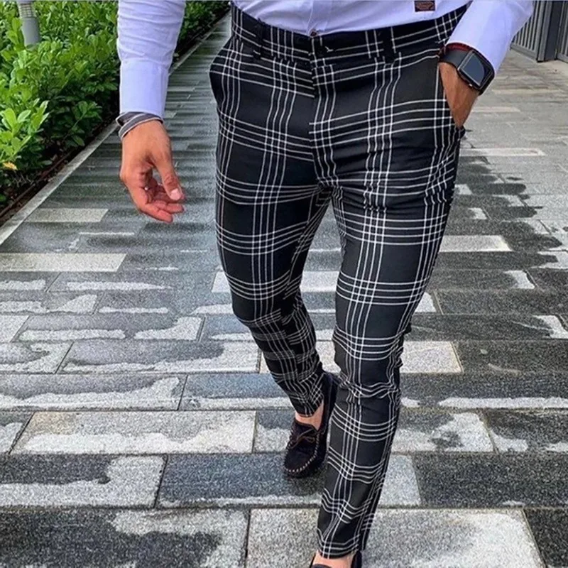 

Fashion Casual Men's Stretchy Pants Plaid Slim Fit Trousers Zipper Mid Waist Skinny Business Pants 2021 Streetwear Male Trousers