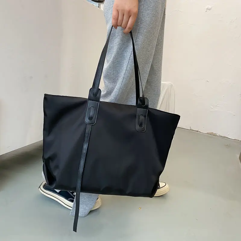

Large Black Tote Bags For Women With Zipper Nylon Oxford Cloth Gary Blue Laptop Case Shoulder Bags For Ladies Office Handbag Big
