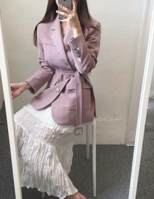 Женский облегающий пиджак с поясом черный или розовый длинным рукавом в