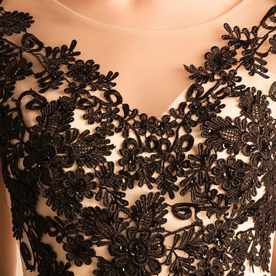

Black Lace Illusion Backless V Neck Appliques A-line Corest Back Floor To Length Prom Gown Formal Women Dresses Evening Party