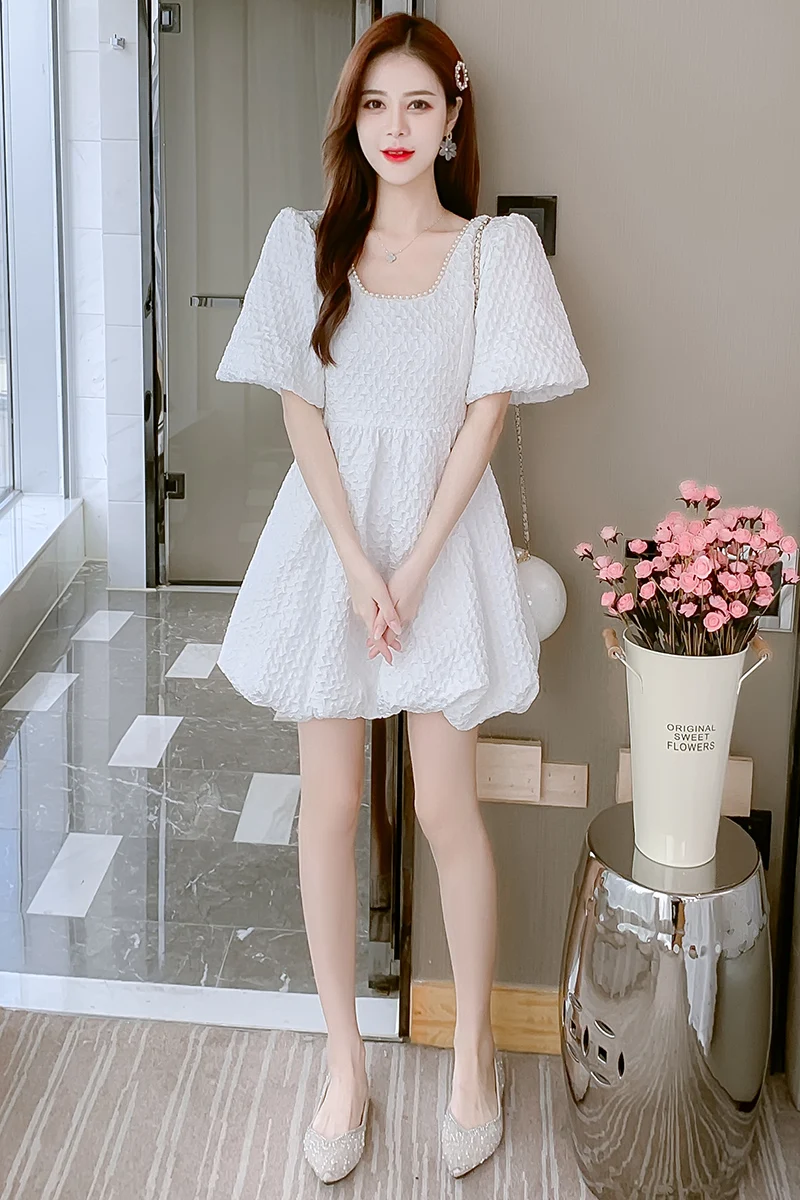 

COIGARSAM Office Lady Solid Women dress Summer High Waist Dresses White 8332