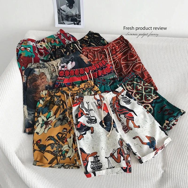 

2021 Summer New Style Boutique Cotton and Linen Fashion Flower Print Men's and Women's Casual Beach Shorts