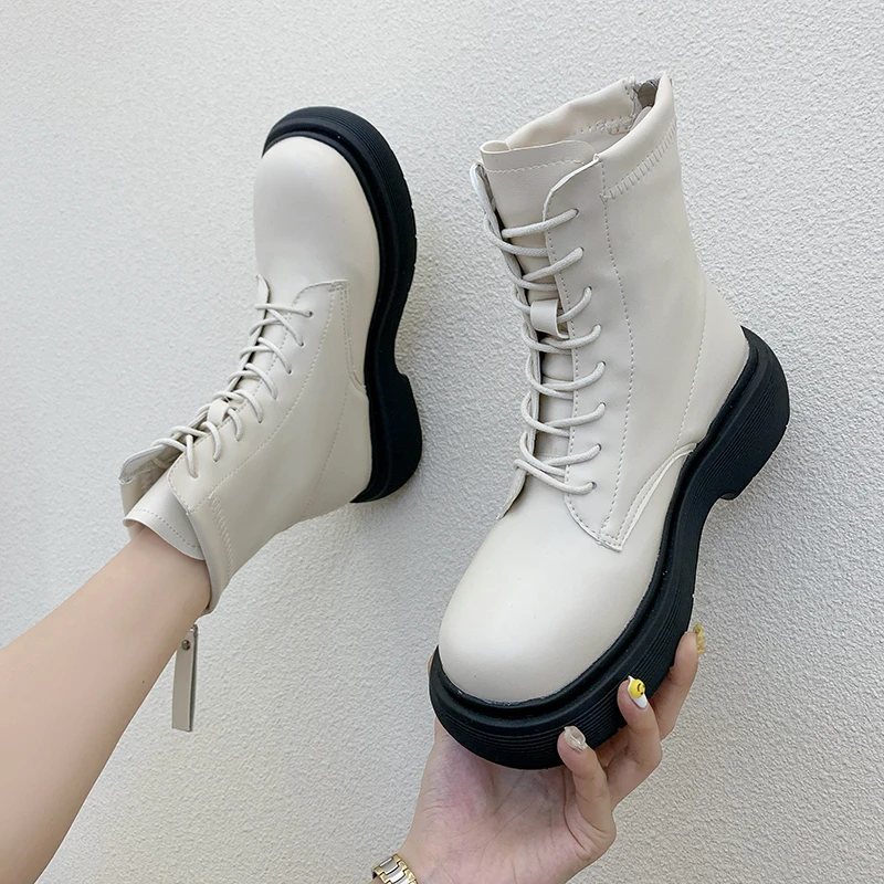 2022 NEW Chunky Platform Ankle Boots for Women Fashion Back Zipper Lace Up Motorcycle Boots Woman Pu Leather Square Heel Botas