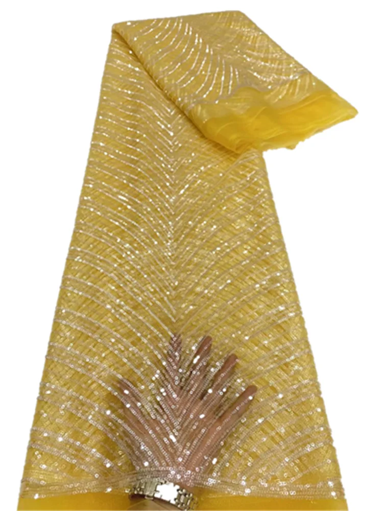 

Latest Pure Yellow African Sequins Lace Fabric High Quality Nigerian French Lace Fabric With Sequins For Party Dress FDF718