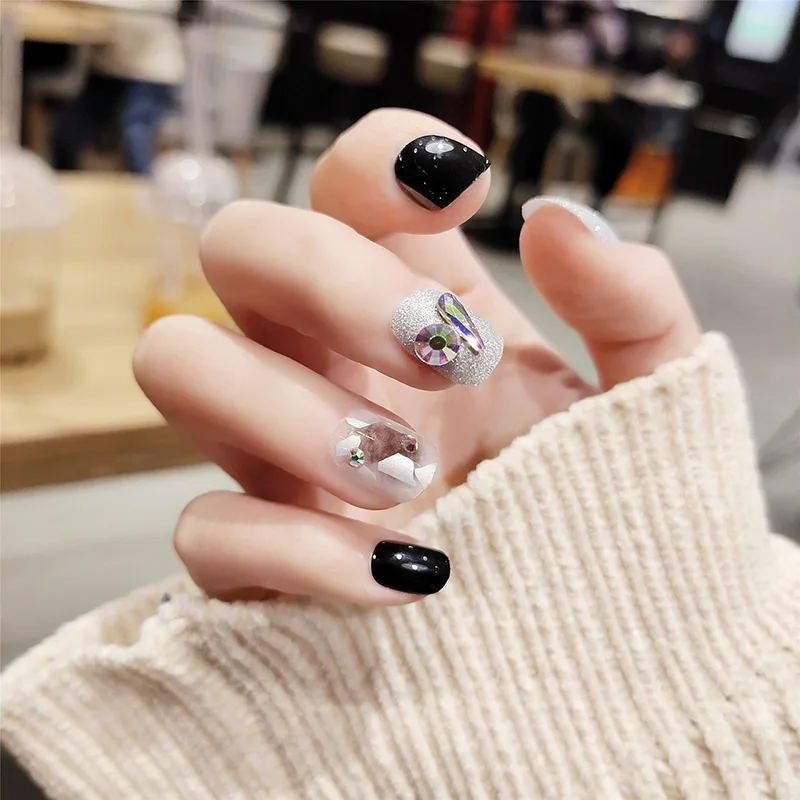 Черные блестящие стразы 24 шт. в коробке Короткие накладные ногти для девушек