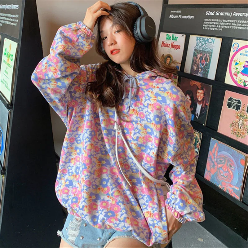 

Cute Flowers Hoodie Women Japanese Tops Loose Casual Autumn Long Sleeve Casual High Street Punk China Thin Hoodie Streetwear