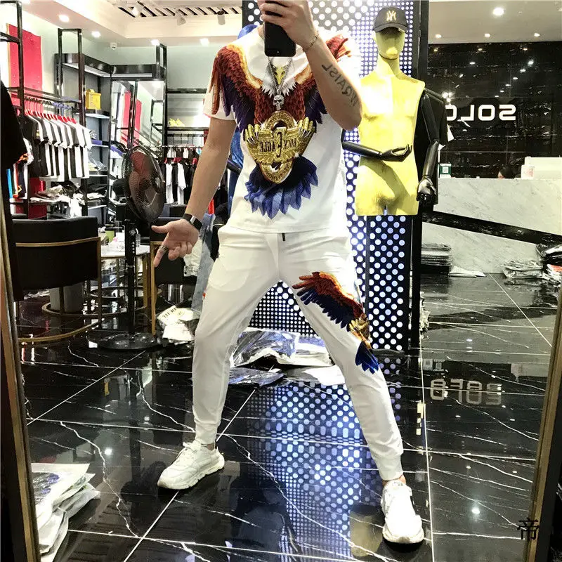 

Men 's Sports Casual Suit 2021 Spring and Summer New Ice Silk Korean Style Trendy Shipping T-Shirt Trousers Clothes