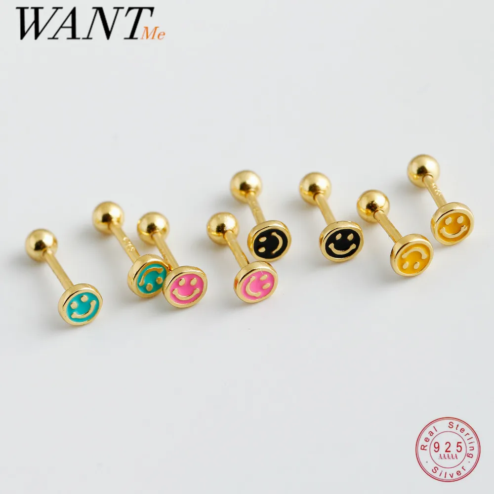 

WANTME 925 Sterling Silver Lucky Smile Blue Enamel Spiral Beads Stud Earrings for Women Minimalism Cute Smiley Piercing Jewelry