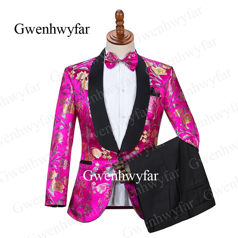 picture color Gwenhwyfar индивидуальный заказ Роскошные фиолетовые смокинги двубортный ЖАККАРДОВЫЕ мужские костюмы Groomsmen костюм Homme Terno Slim Fit 2 шт - Цвет: picture color