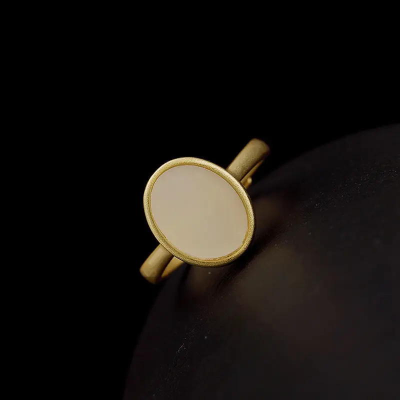 

Natural Hetian Jade White Jade Ring S925 Sterling Silver Frosted Oval Ring Female Open Jade Gold Ring Ornament