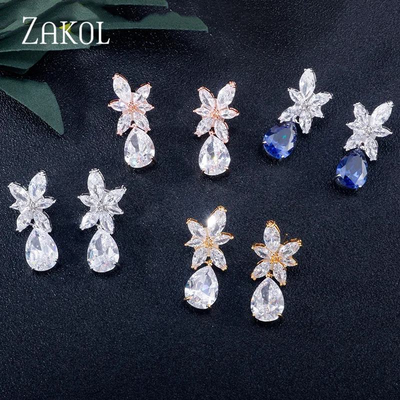Модные серьги-подвески ZAKOL с цирконом в виде листьев для женщин свадебные серьги