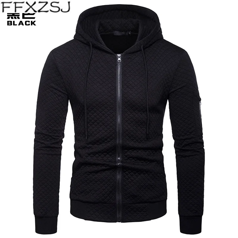 

FFXZSJ men's hooded hooded sweatshirt in solid color diamond latticed zip fasteners for Europe with extra thread cuff sleeve