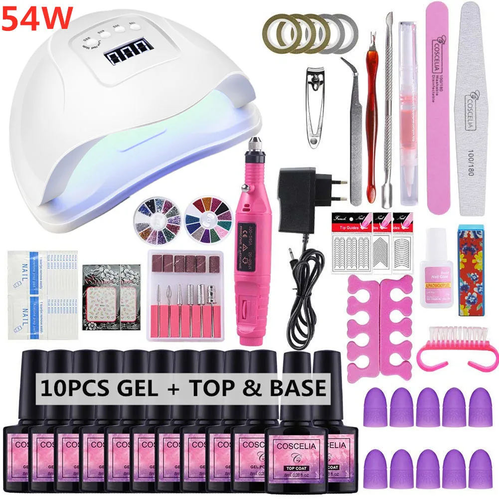 54W 10pc Gel Set COSCELIA 54 Вт лампа с 10 шт. набор гель-лаков для ногтей инструменты для маникюра база верхнее покрытие ногтей наборы Электрический маникюр все для маникюра - Цвет: 54W 10pc Gel Set