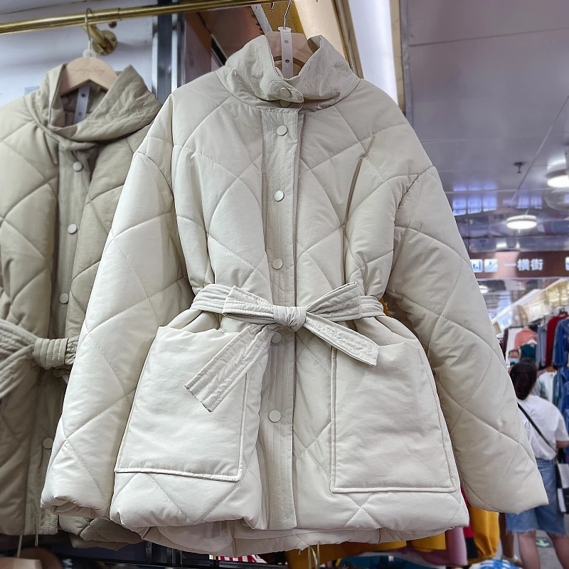 

Осенне-зимние теплые пальто с хлопковой подкладкой, женские однобортные парки с поясом и карманами на молнии, Женская Повседневная водолаз...