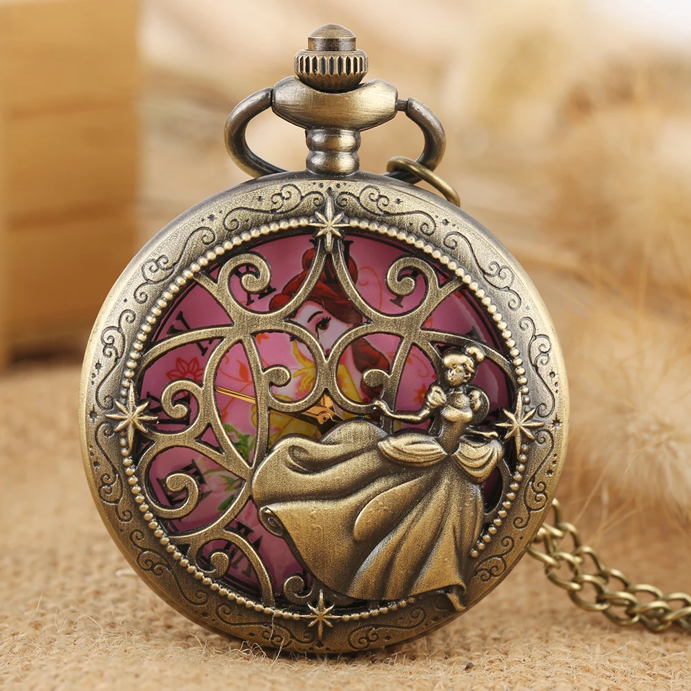 

Retro Bronze Princess Design Steampunk Hollow Quartz Pocket Watch Lovely Pink Dial Pendant Necklace Watch Gifts for Women Ladies