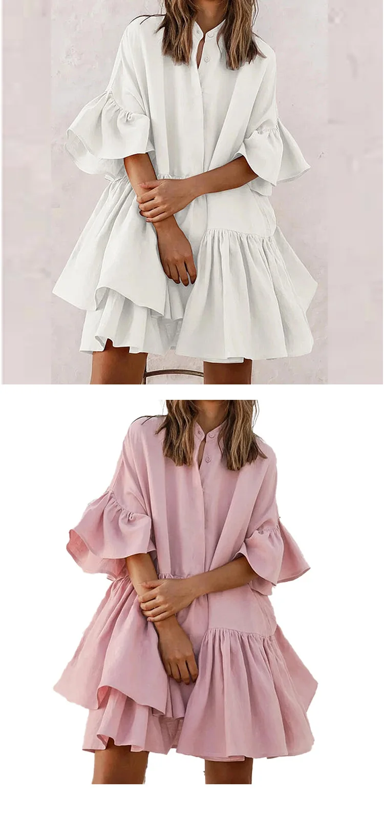 

Women Loose Solid Color Sweet College Style Butterfly Sleeve Stand Neck Mini Dress Ladies Elegant Pleated Summer Dresses 2021