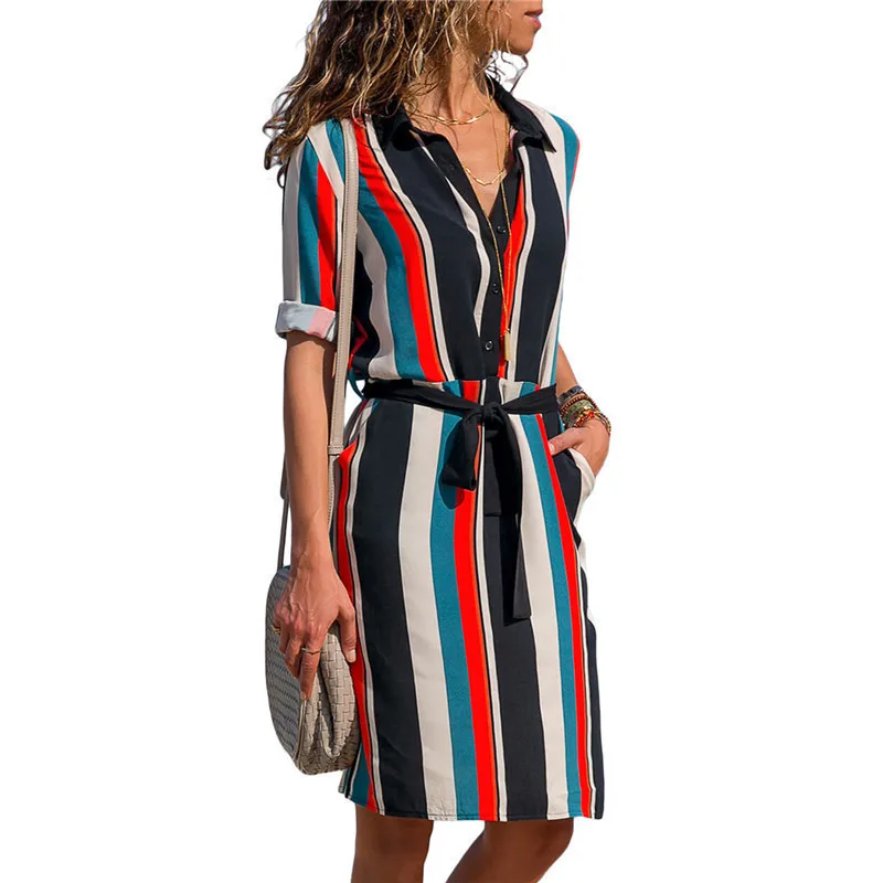 LEH Long Sleeve Shirt Dress 2019 Summer Chiffon Boho Beach Dresses Women Casual Striped Print A-line Mini Party Vestidos | Женская