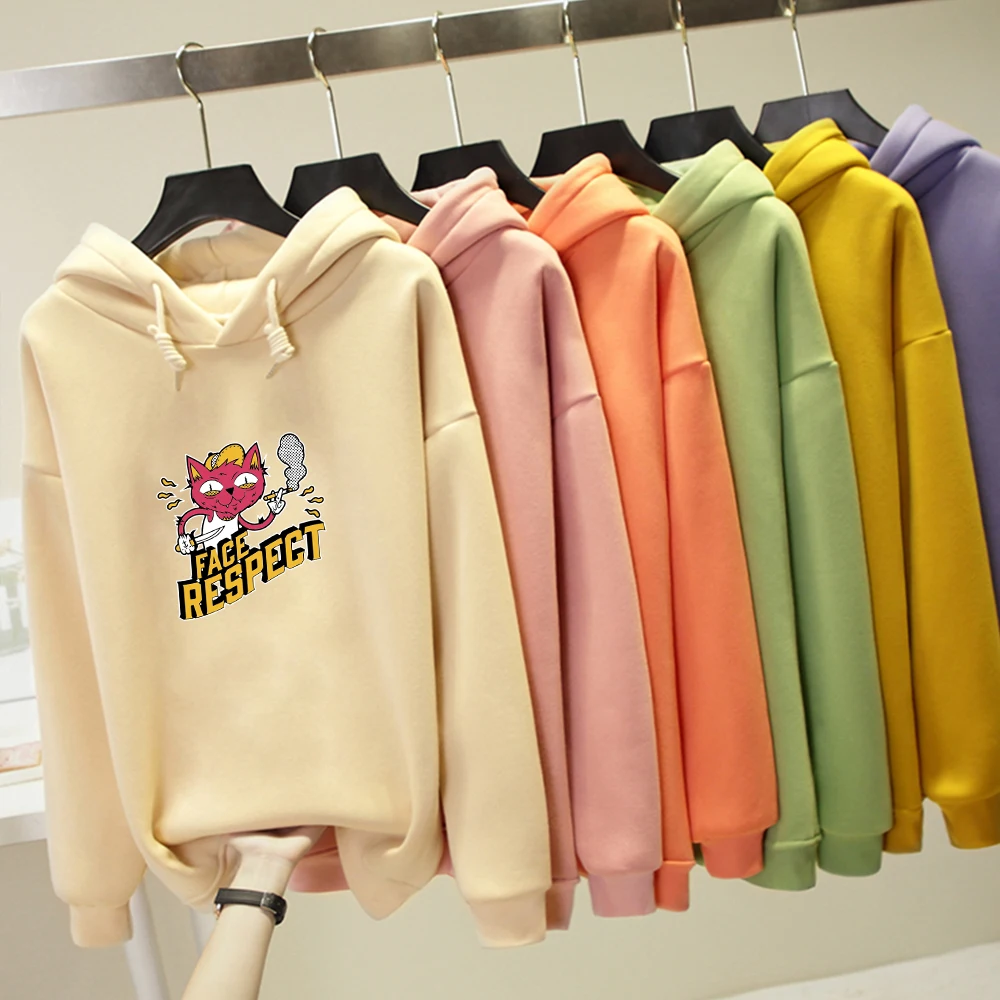 

Cat Graphics Face Respect Letter Print Funny Warm Kpop Sweatshirt Streetwear Harajuku Oversized Hoodie Women Cute Hoody Ladies