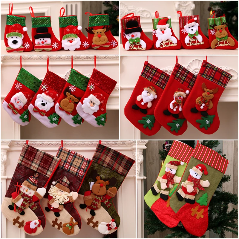 

Рождественское украшение, рождественские чулки, подарочный пакет, подвески для дерева, красный Санта-Клаус, лось, снеговик, медведь, украшен...