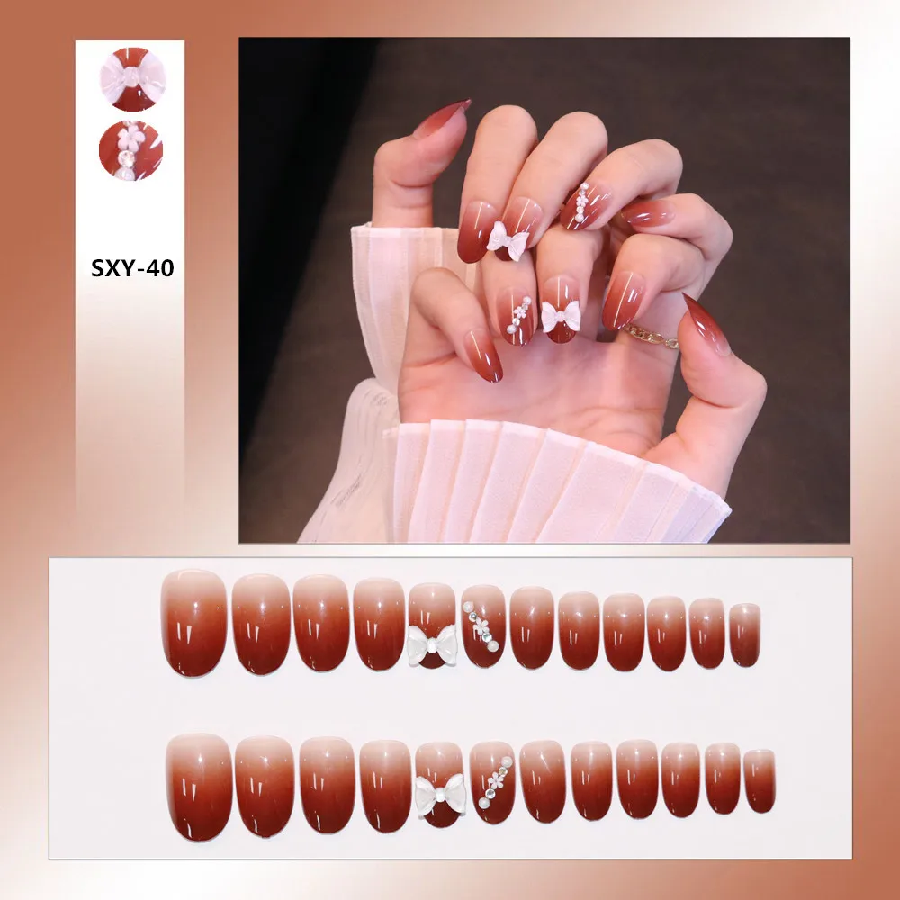 

24 шт./компл. красные градиентные жемчужные 3D наклейки для ногтей в форме банта короткий абзац съемный Модный маникюр с искусственными ногтя...