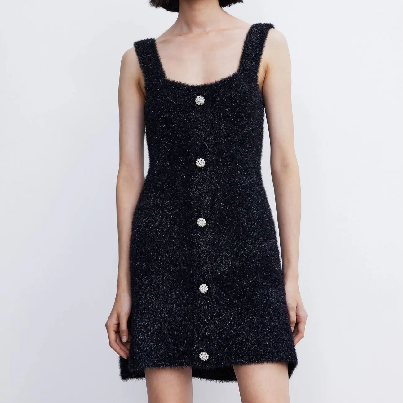 

JUNWU Spring and Autumn Women's Black Red Single-breasted Aline Sling Dress Chic Design Sweet Retro British Style