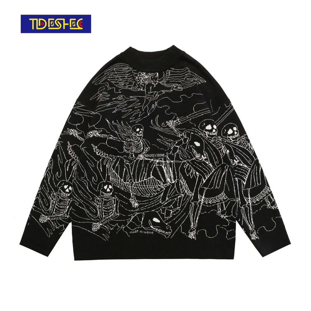 

Men Hip Hop Sweatshirt Full-print Skull Goth Streetwear Harajuku Pullover Cotton Autumn 2021 Loose Sweat Shirt Hoodie Black