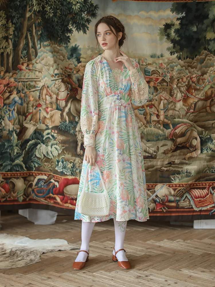 

LYNETTE'S CHINOISERIE Spring Autumn Original Design Women French Vintage Mori Girls Hollow Out Lace Embroidery Print Dresses