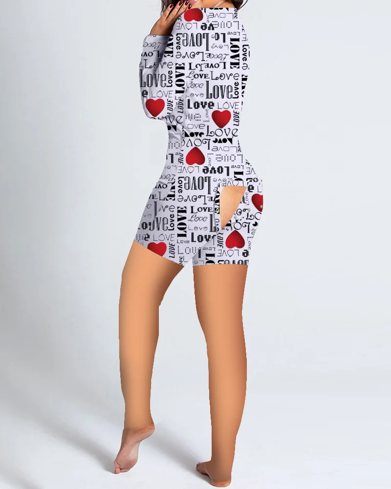 

2021 Valentine's Day Women's Love Printed Home Sleeve Jumpsuit + Butt Flap Shorts Oneises Sexy Adult Sleepwear Romper Bodycon