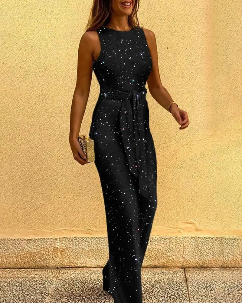 

Women Glitter Round Neck Sleeveless Backless Wide Leg Jumpsuits with Belt