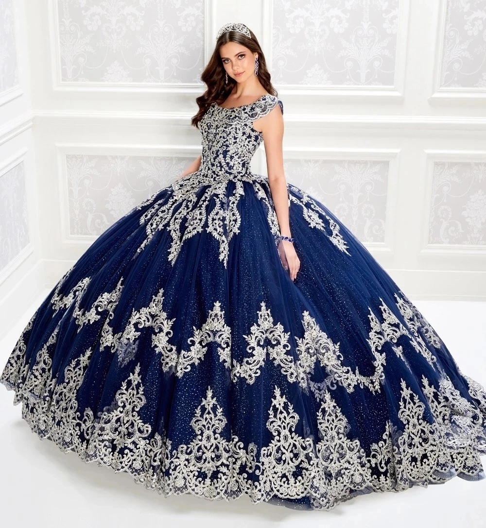 

Navy Blue Cheap Quinceanera Dresses Ball Gown Cap Sleeves Tulle Appliques Beaded Puffy Sweet 16 Dresses